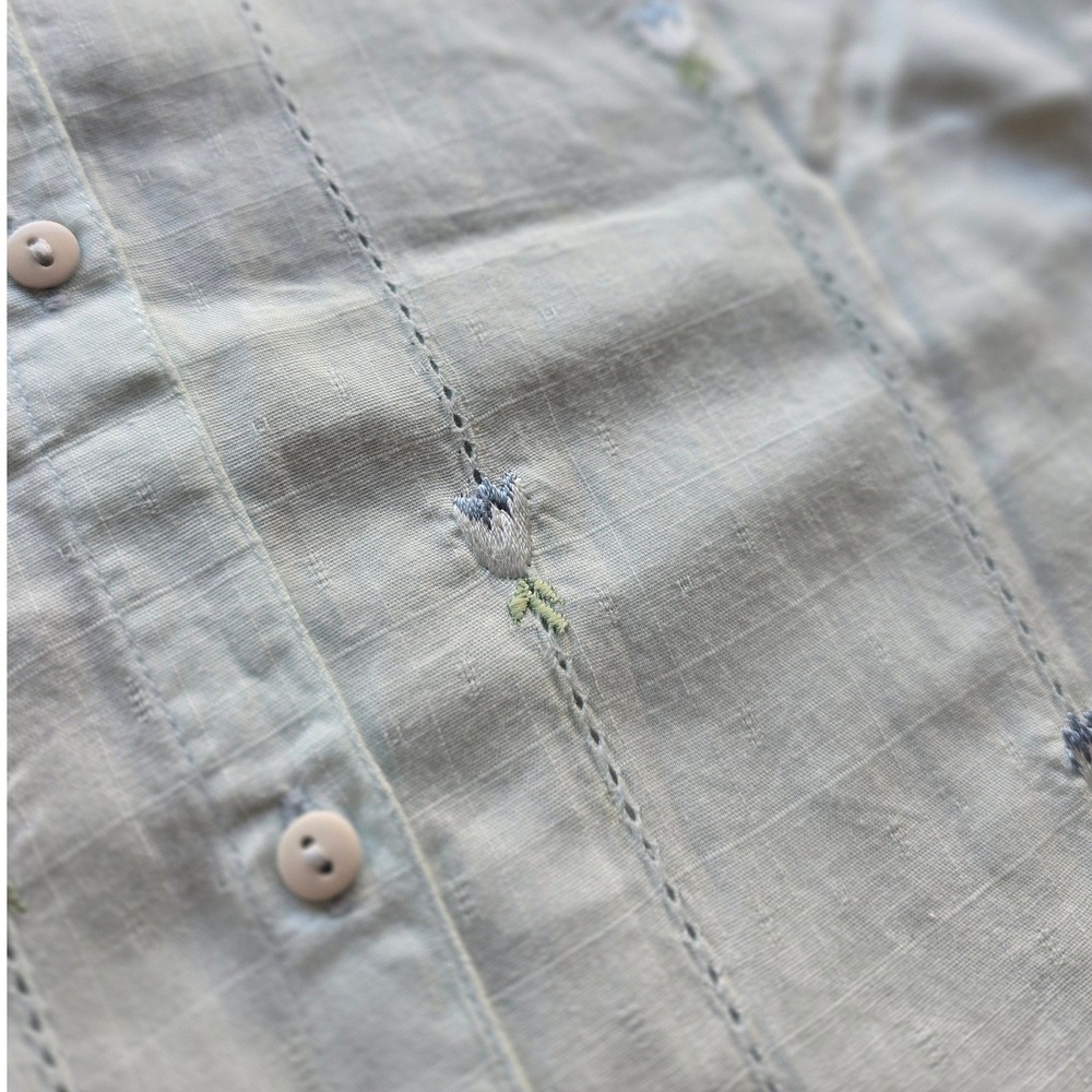 Eileen Parker Women's Button-Up Blouse Small Mint Blue Embroidered Floral Cotton - Picture 2 of 10